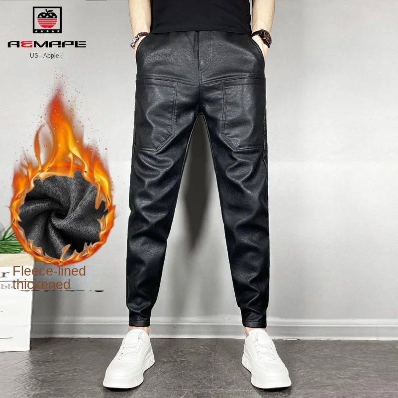 Calça de couro falso casual masculina, calça grossa de motocicleta, velo quente, resistente à água, cavaleiro preto, inverno, nova chegada