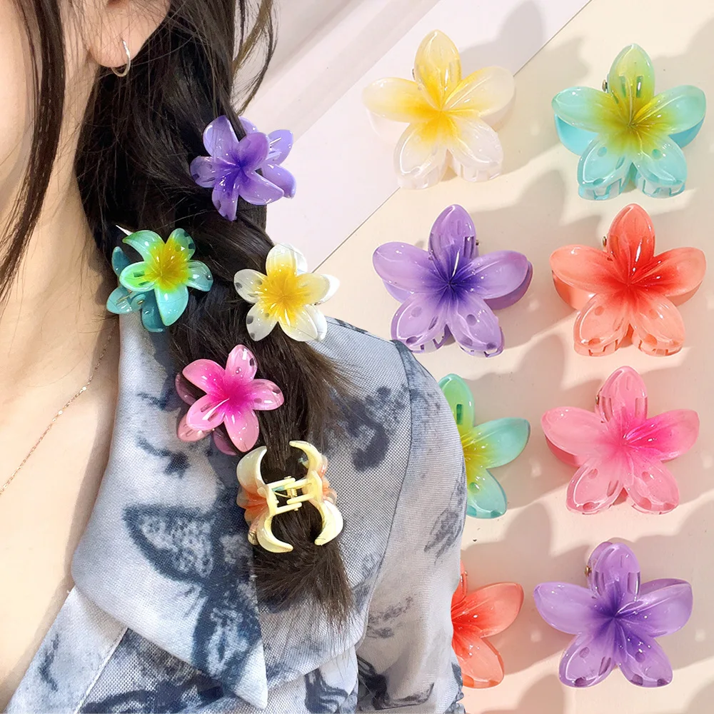 FANYIN 2Pcs 4cm Sweet Gradient Flower Hair Claw Hairpin Women Plumeria Barrettes Ponytail Holder Hawaiian Beach Hair Accessories