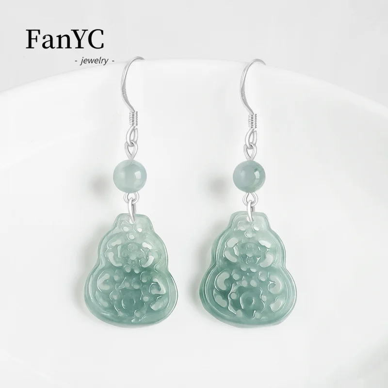 Natural Grade A Jadeite Blue Water Hyacinth Earrings Openwork Carving Fashionable Exquisite Ice-Type Jade Earrings Women's Gift