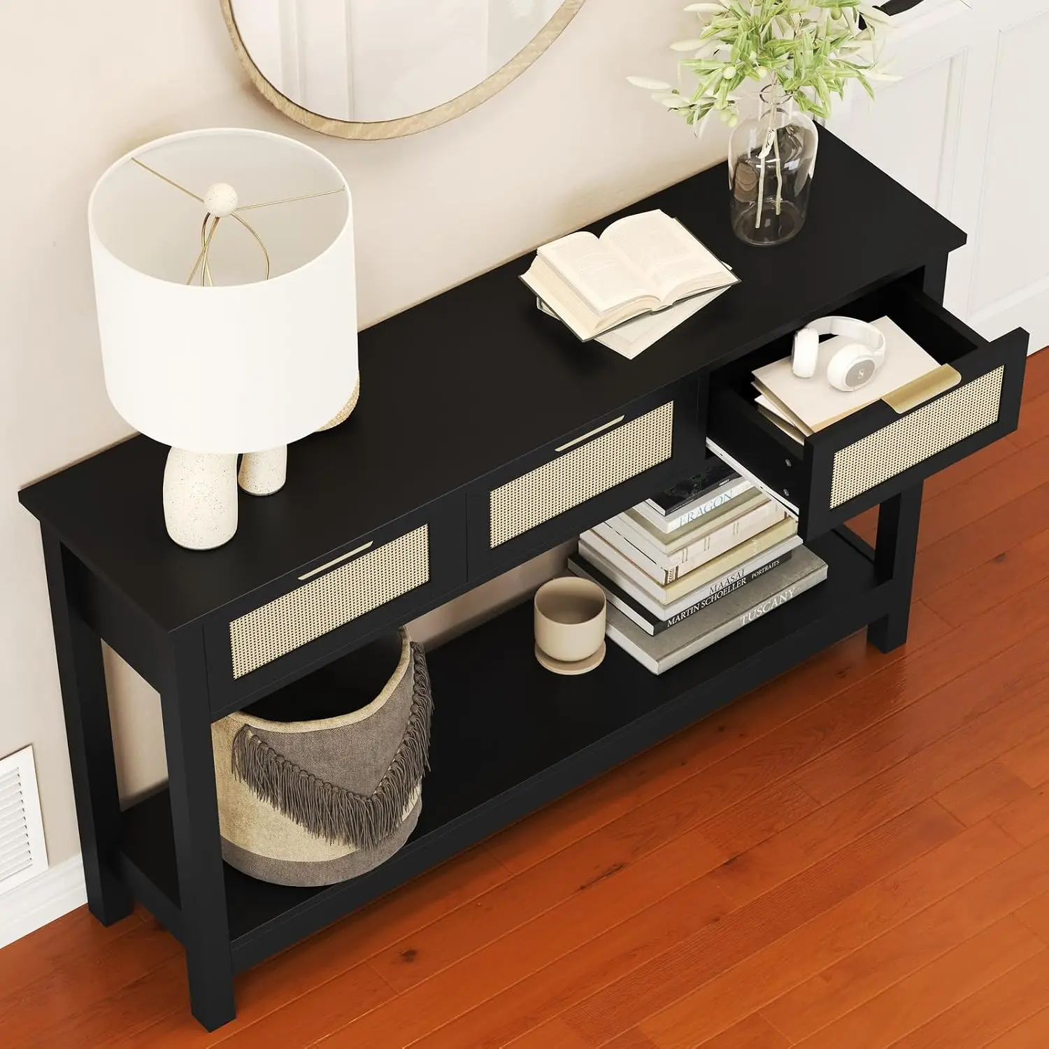 Entryway Table with 3 Drawers, Boho Rattan Console Table with Storage Shelf | Narrow Sofa Table Behind Couch for Hallway, Foyer