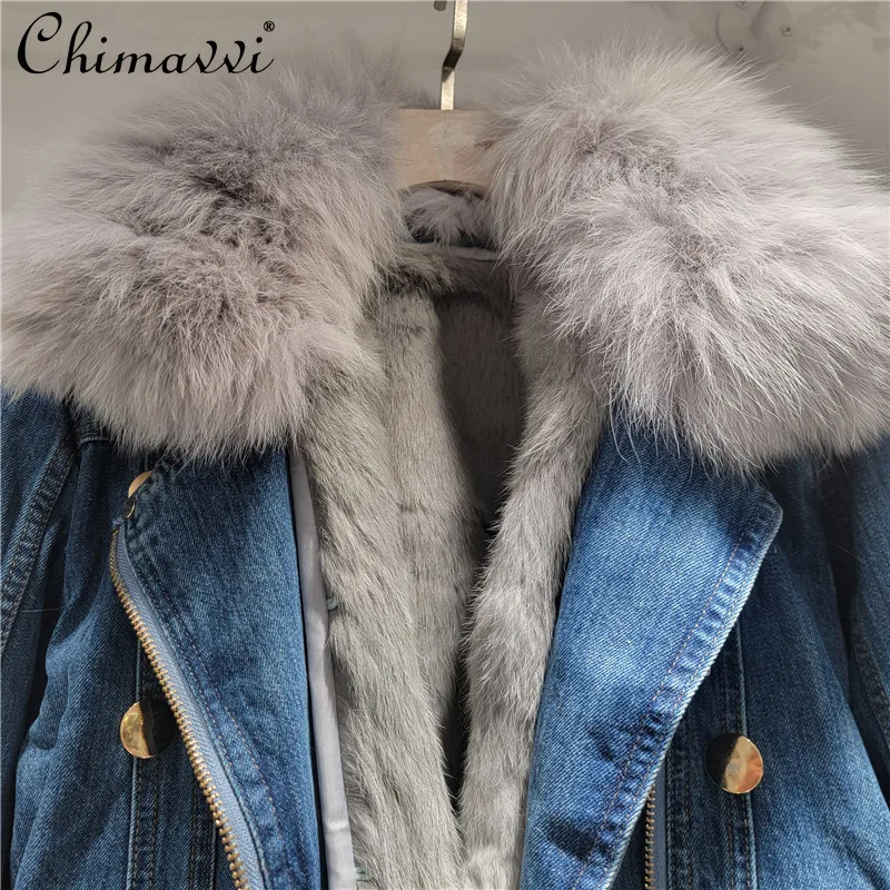 Winter New Heavy Fox Fur Collar Rabbit Fur Lining Metal Buckle Warm Denim Short Jacket Fashion Long Sleeve Elegant Women Coat