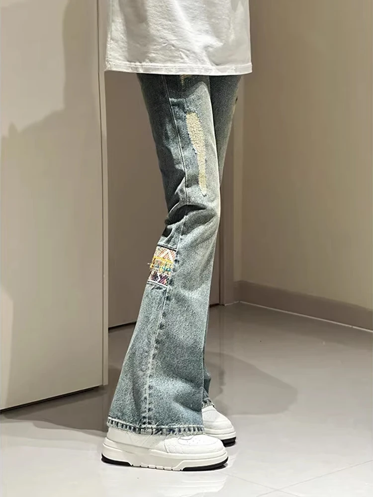 

American Sle Patchwork Embroidery Flared Jeans Men Women Summer Thin CleanFit Hole Slim Knife Pants Youth Trendy Breathable