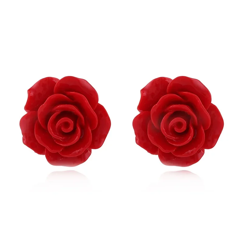 Sweet Cute Simple Resin Rose Flower Stud Earrings for Women Girls Valentine Day Gift Wedding Brides Jewelry Korean Earring