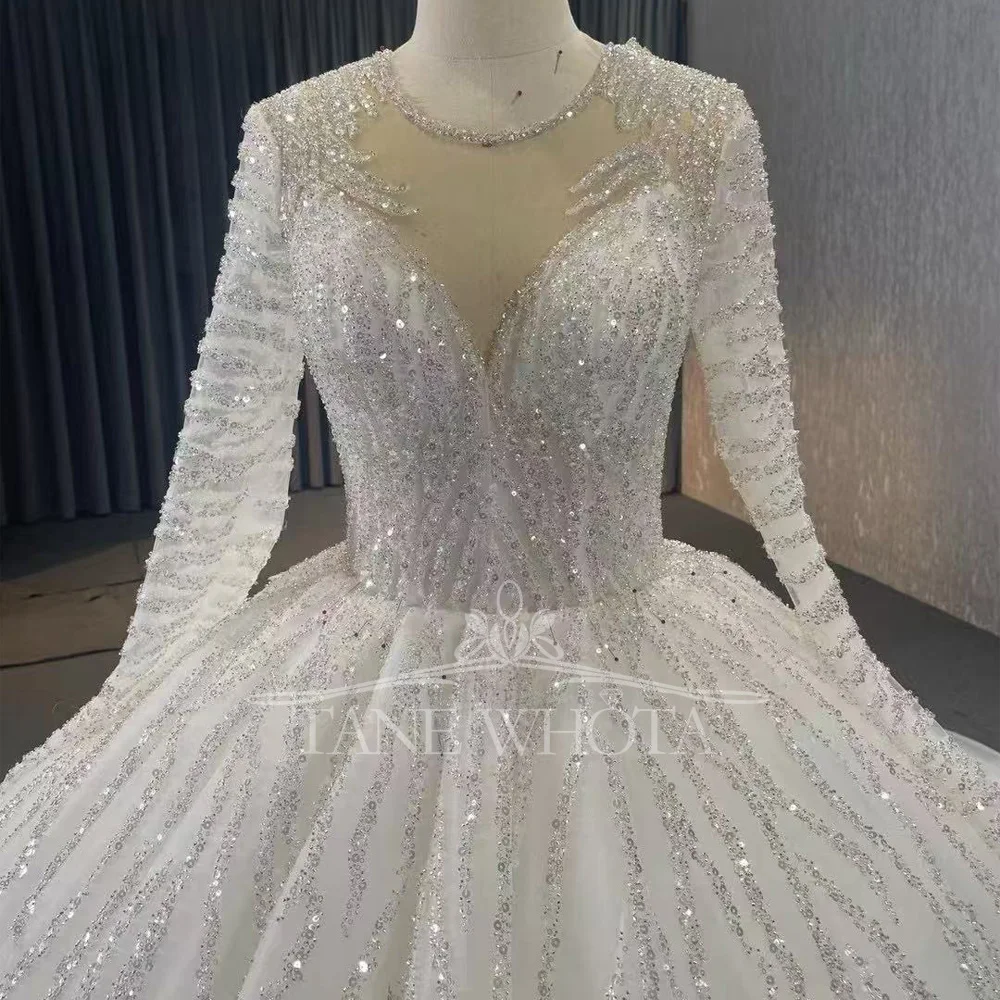 Vestidos Boda cuello redondo manga larga con cordones en la espalda vestido de baile con lentejuelas vestido de Novia personalizado de lujo