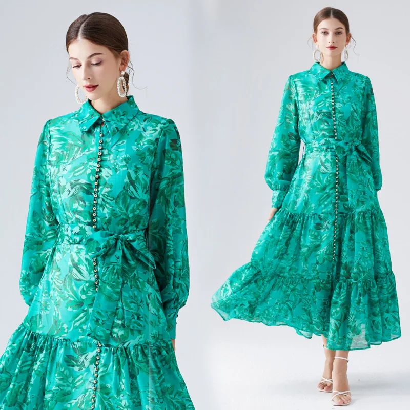 

Real Shot High-End Women's Metal Single-Breasted Lapel Tied Long Sleeve Long Dress Holiday Women's Clothing