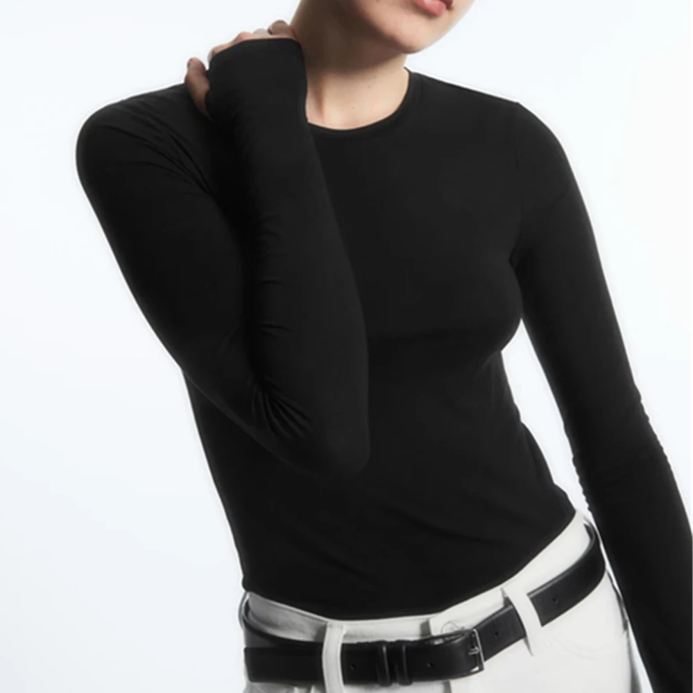 

Dave&Di 2024 Autumn British Simple Basic Women's Long-Sleeved T-shirt Slim-Fit Neck Round Cotton Top Casual T-shirt