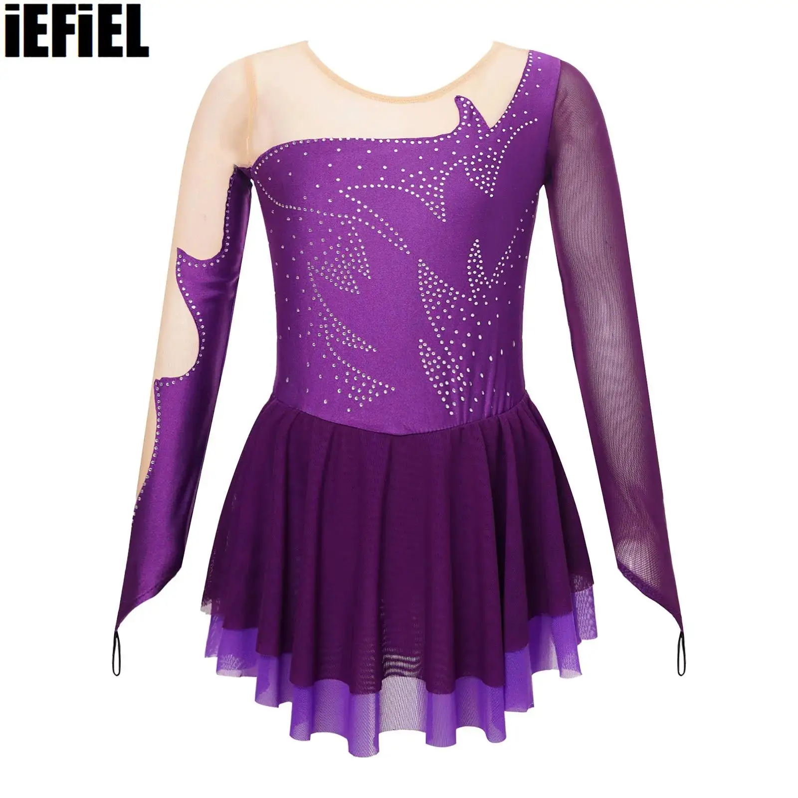 

Kids Girls Patchwork Skating Dance Dress Shiny Rhinestone Decorated Hook Finger Dance Long Sleeve Round Neckline Style Wear