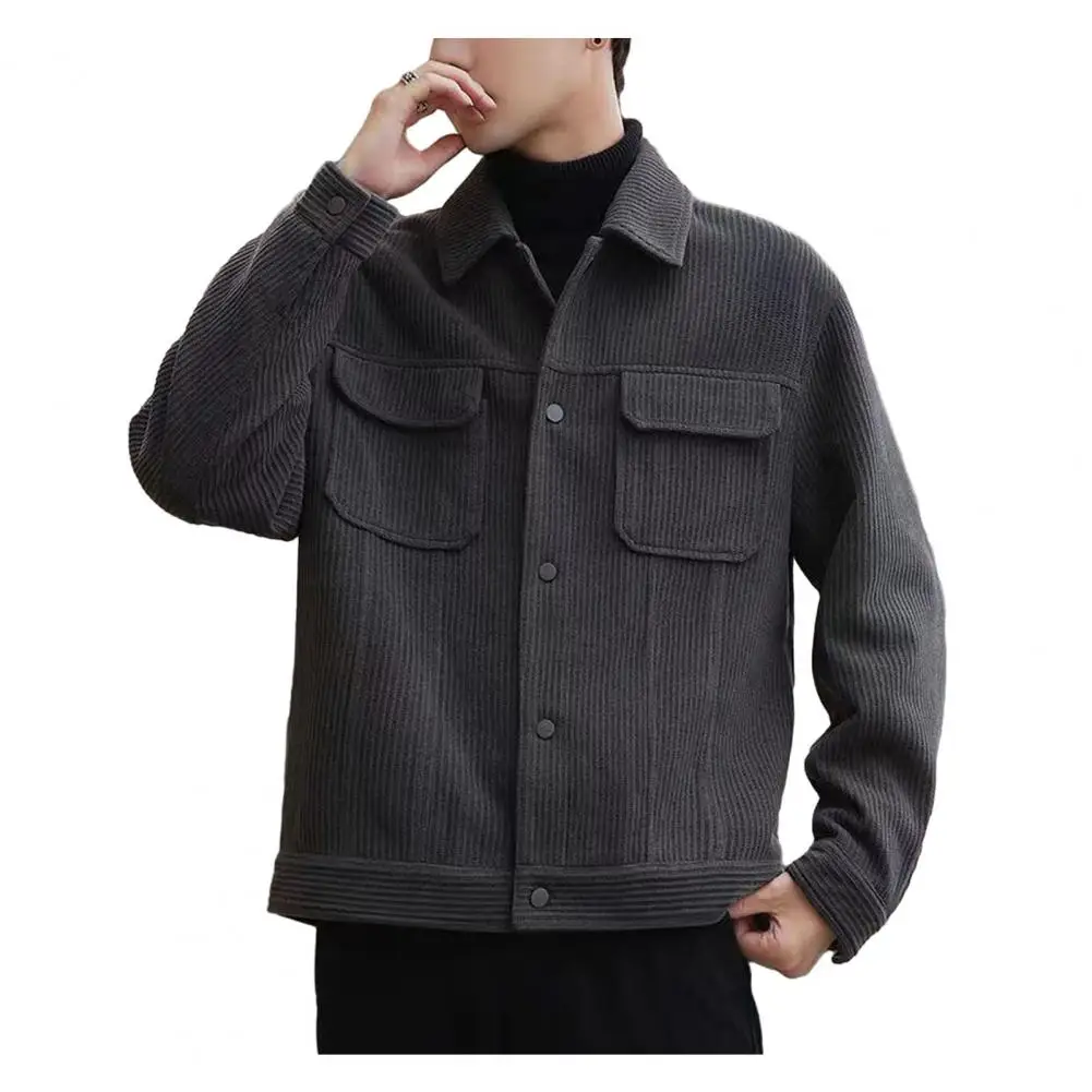 

Casual Corduroy Jacket Men's Casual Solid Color Cardigan Jacket with Turn-down Collar Pockets for Fall Winter Loose for Jeans