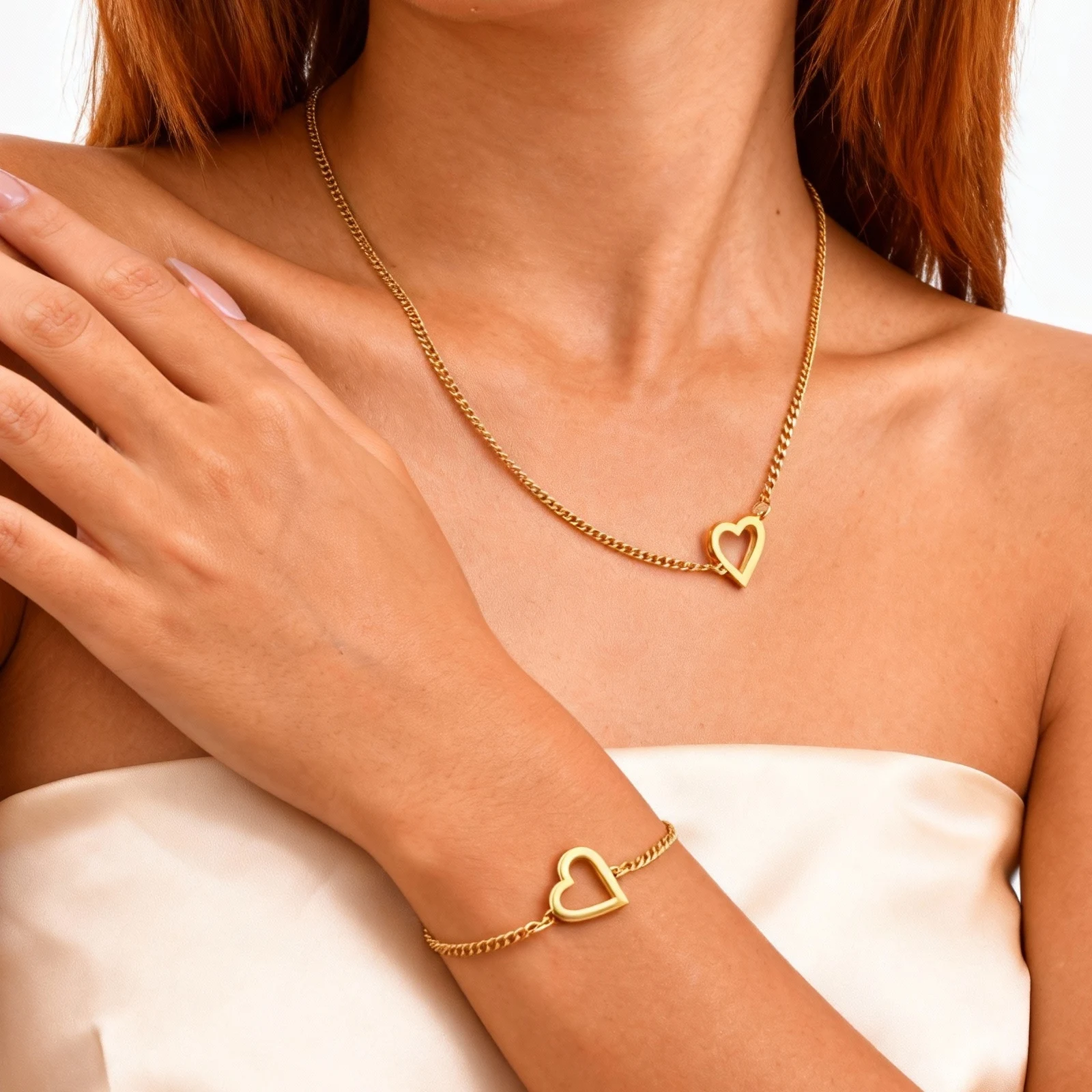 

Open Heart Bracelet for Women, 18K Gold Plated Stainless Steel Thin Chain Bangle, Delicate Adjustable Heart Charm Jewelry