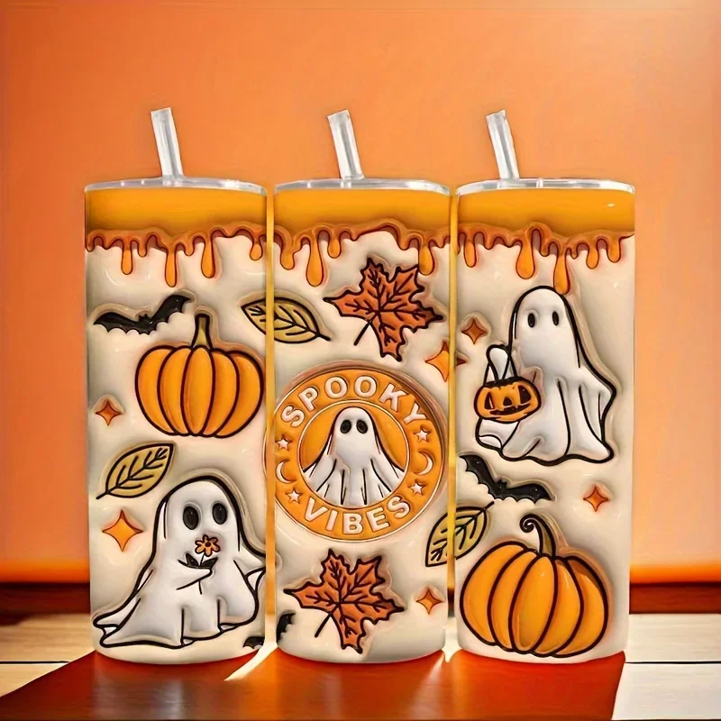 1pc 20oz Halloween Stainless Steel Roller Water Cup With Lid Double Wall Vacuum Insulated Travel Cup Spooky Tumbler