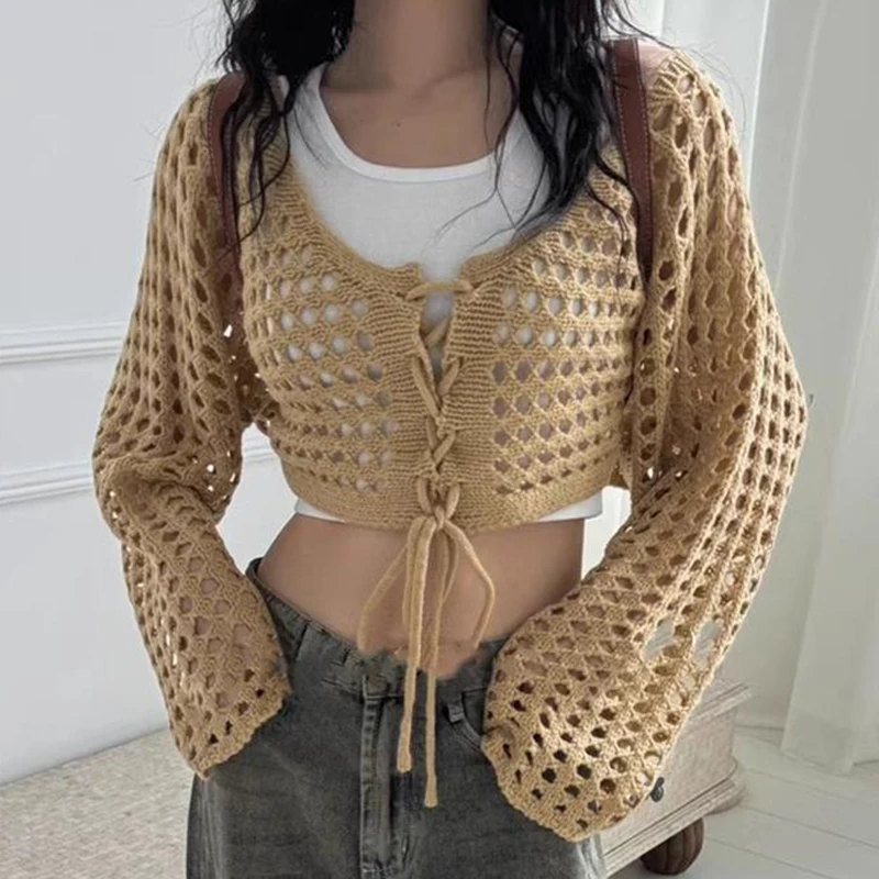 Summer Fashion Lace-up V-neck Long Sleeve Hollow Knitted Cardigan Women\'s Crop Top