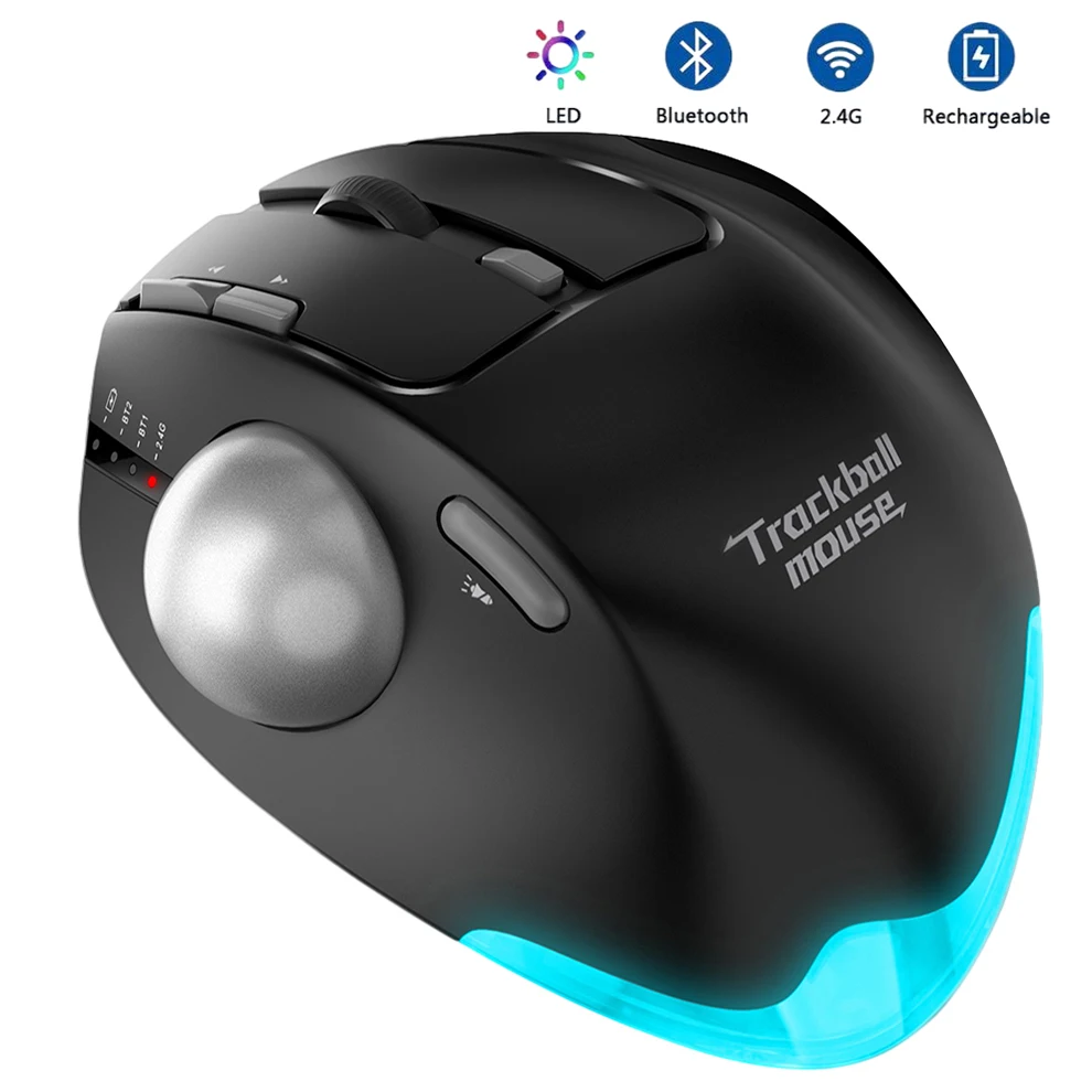 

Wireless Trackball Mouse, RGB Ergonomic Mice with 5 Adjustable DPI, Bluetooth or USB Compatible for Mac/Windows/Android/Chrome