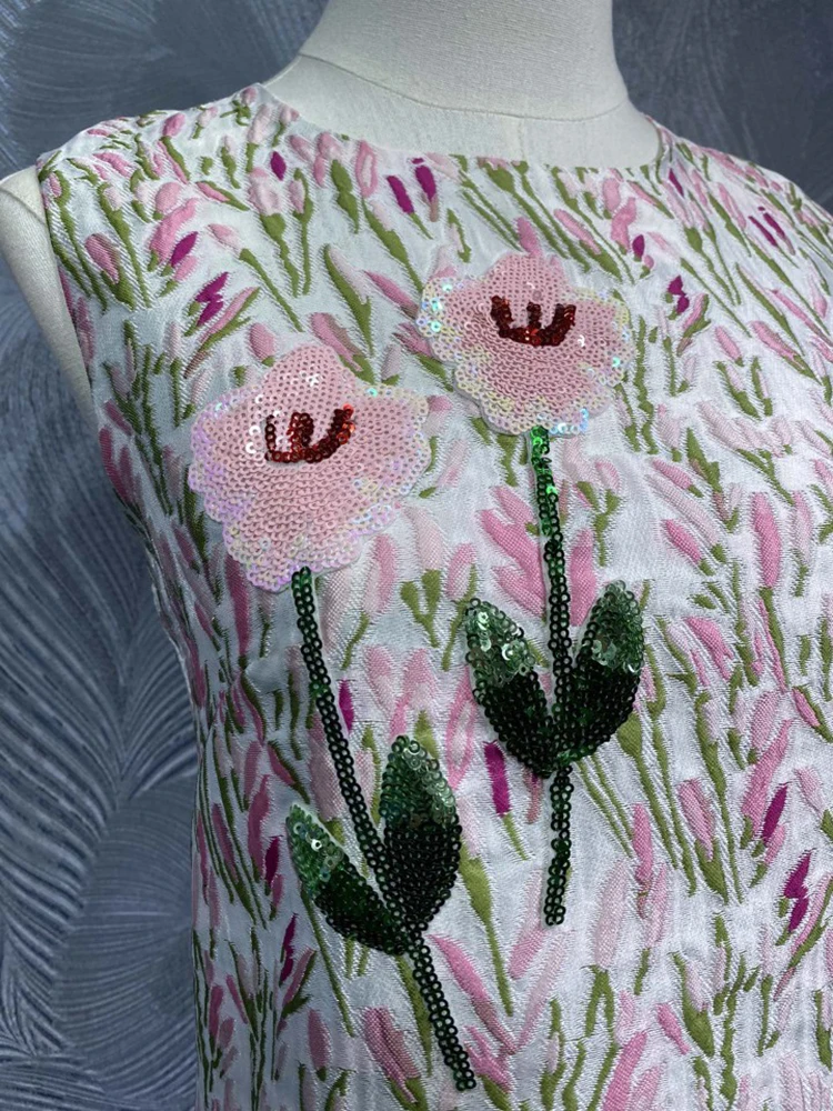 DLDENGHAN Vestido sin mangas con cuello redondo y apliques de lentejuelas para mujer, chaleco de Jacquard Vintage, moda de primavera, nuevo