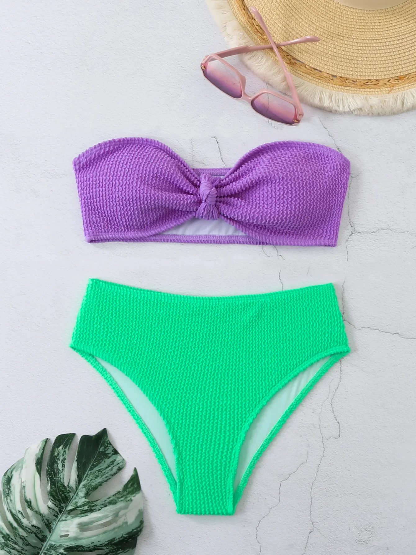 

Фиолетовый, зеленый купальник 2024, летний пляжный сексуальный комплект бикини, мятый купальный костюм с высокой талией для женщин, купальный костюм-бандо