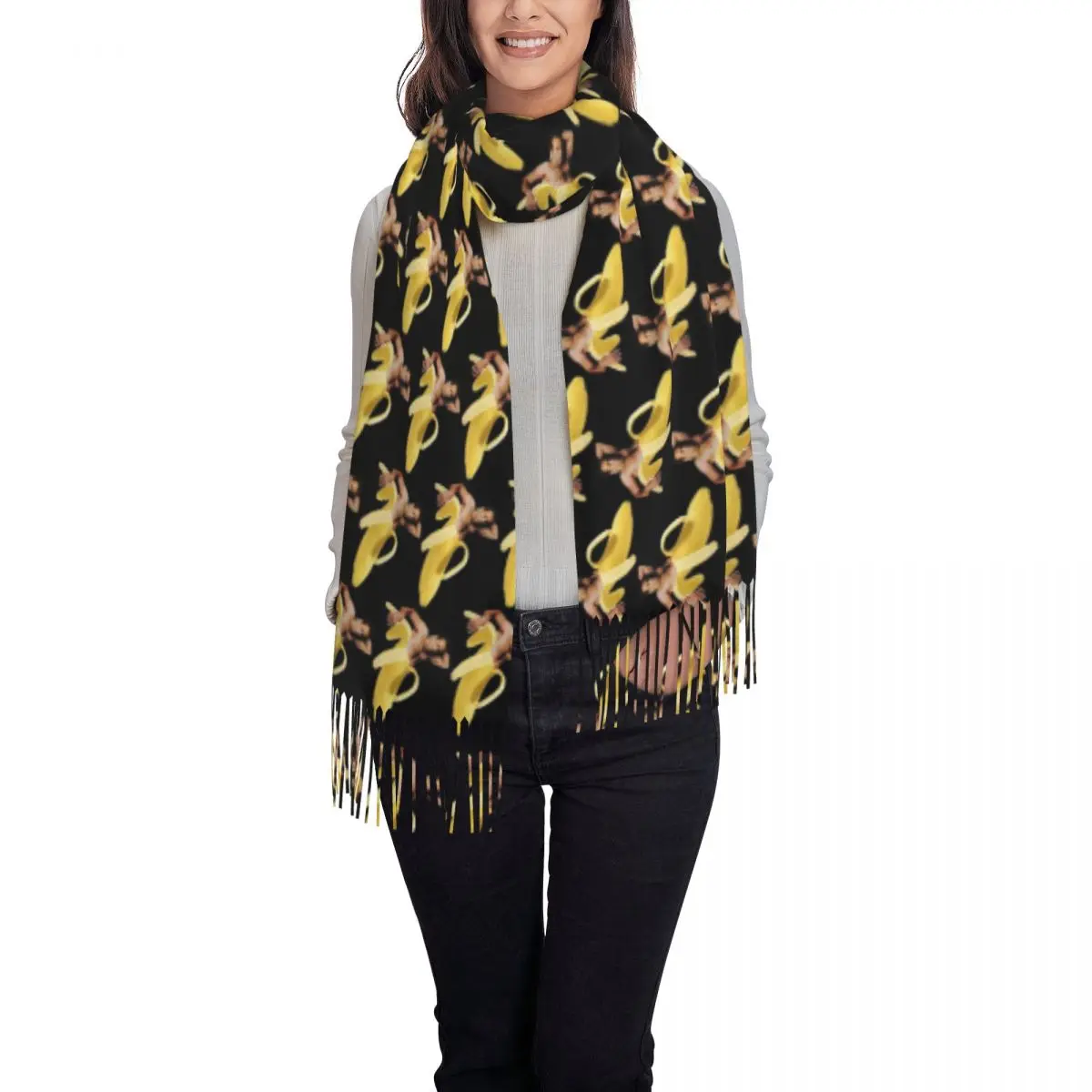 Nicolas Cage Print Scarf with Tassel Funny Banana Warm Shawls and Wrap Lady Printed Scarves Wraps Autumn Popular Bufanda Mujer