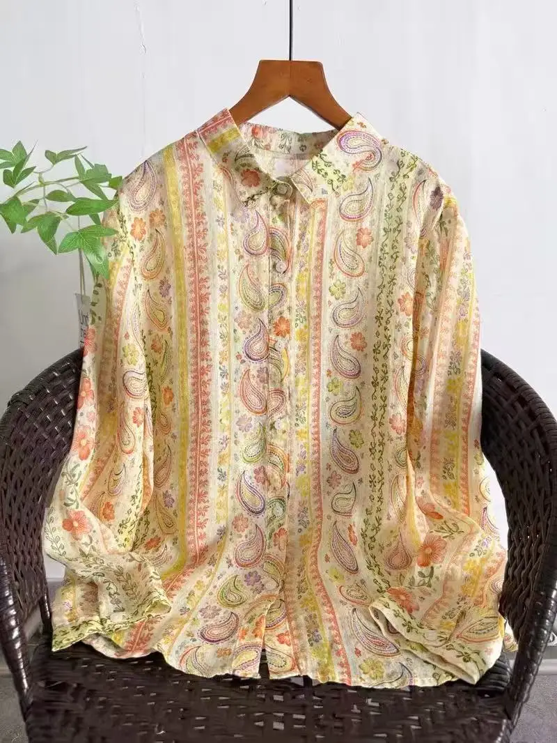 Women's Autumn Ramie Linen Shirt Vintage Paisley Floral Vertical Stripe Print Loose Long Sleeve Blouse for Women