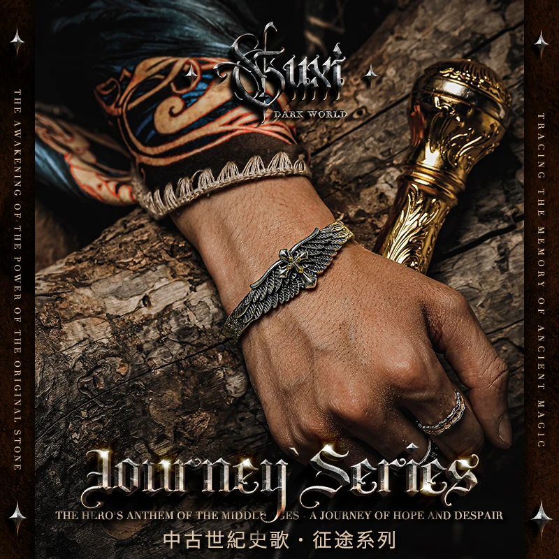 European and american trendy hip-hop punk cross 925 silver bracelet men's personalized retro feather wings bracelet trendy