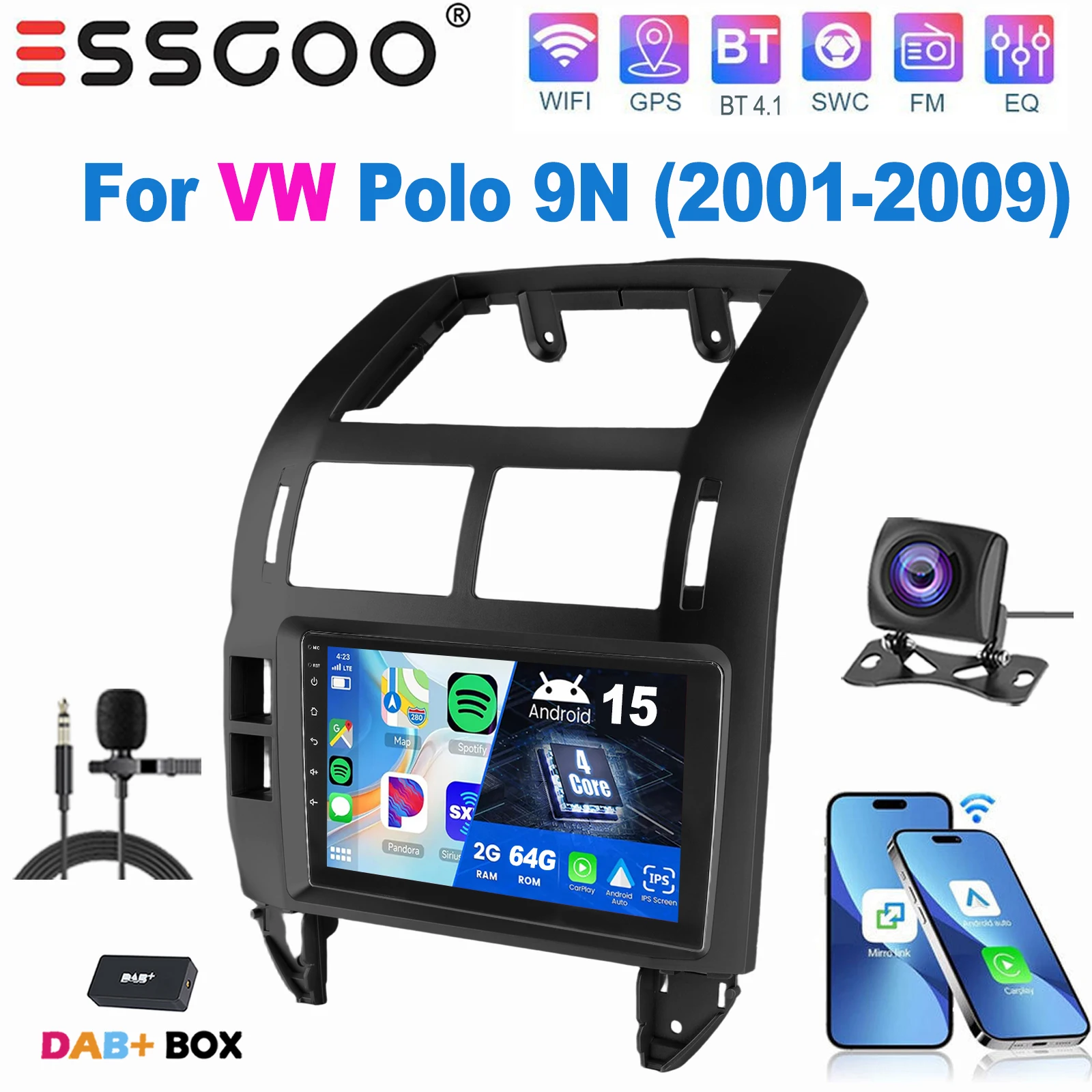ESSGOO 9 Inch IPS Touchscreen Voor VW Polo 9N 2001-2009 Autoradio Apple Carplay Android Auto GPS Navigatie WIFI FM Stuurwielbediening RDS Android 15 Mirror Link Bluetooth ASP Geluid Split Screen