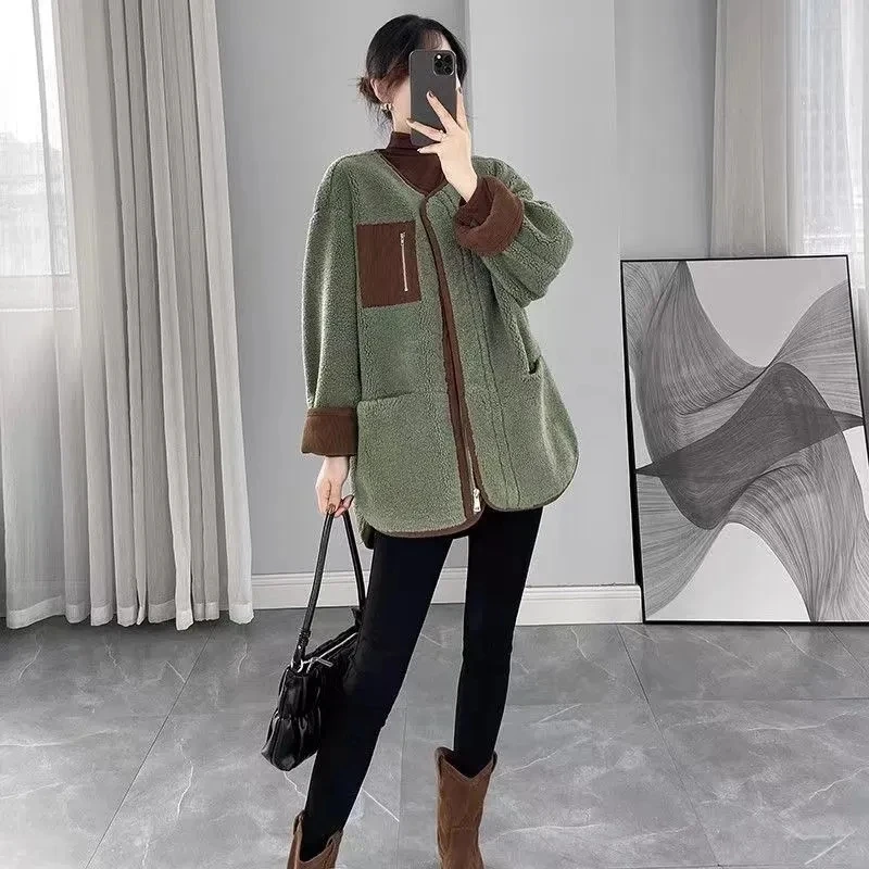 

Lamb Wool Coat Girl Medium Long Autumn And Winter Add Velvet Thicken 2023 New Outerwear Cover Meat Slim Loose Joker Women Jacket