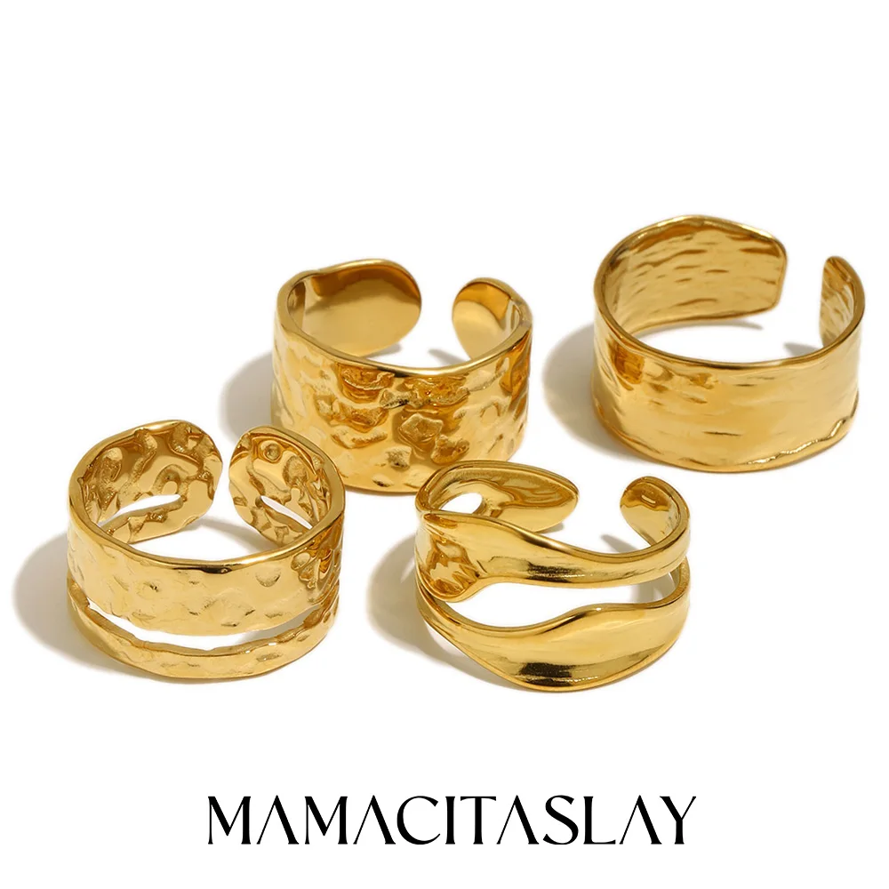 MamacitaSlay 316L Edelstahl Strukturierter Wellen-Hammerring Kollektion 18K Vergoldet Trendiger Wasserfester Schmuck für Frauen