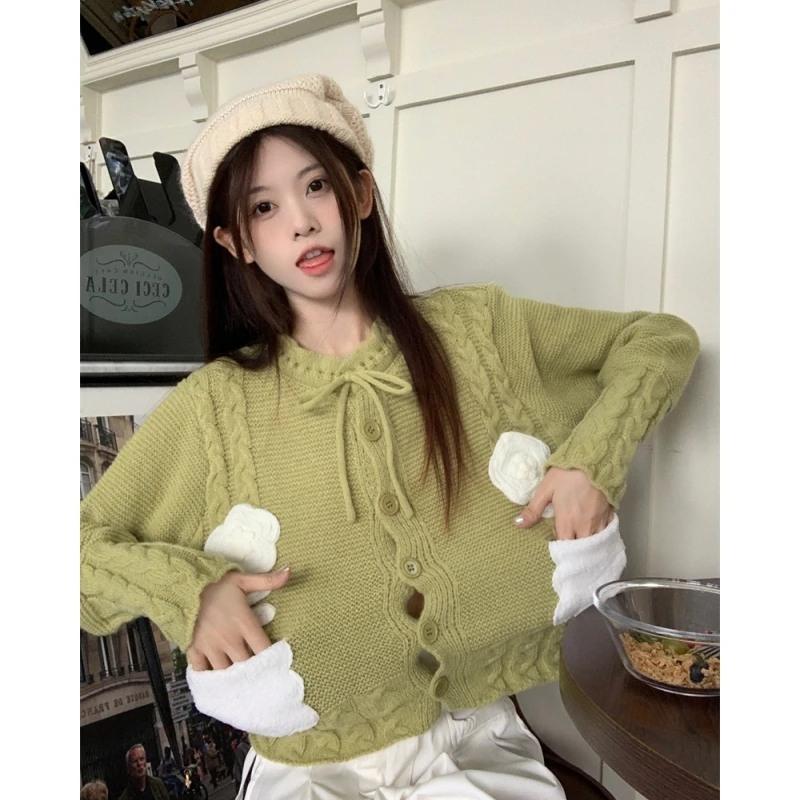 

Women Clothing Vintage Knitting Sweater White Cardigan Jacket Green Long Sleeve Casual Fashion Baggy Female Winter Short Tops