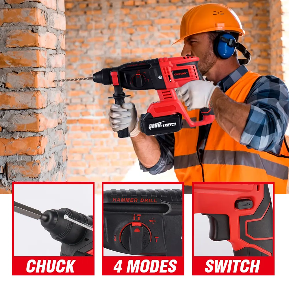 2000W Brushless Electric Rotary Hammer Drill Rechargeable Cordless Handheld 4 Function Power Tool For Makita 18V Battery