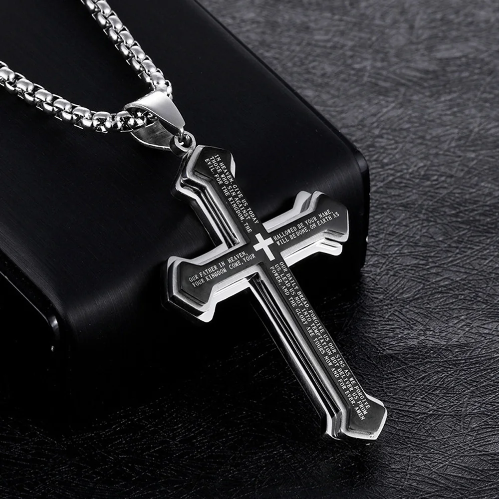 Vintage Christian Bible Text Stainless Steel Cross Pendant Necklace Punk Fashion Biker Amulet Men\'s Chain Necklace Jewelry Gift