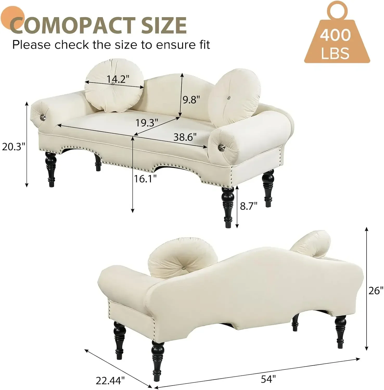 أريكة بمقعدين للمساحات الصغيرة، أريكة مخملية حديثة مقاس 54 بوصة، مقعد نافذة مدخل بجانب السرير #3