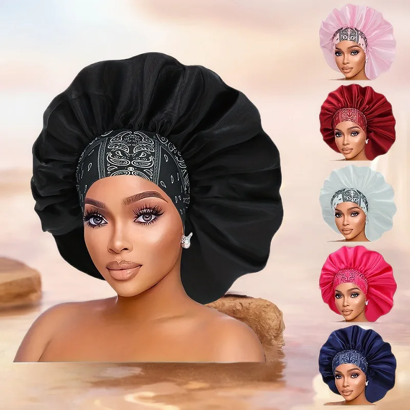 Hot-selling Popular Wide-brimmed Elastic Extra-large Round Hat, Ethnic Style Satin Nightcap, Beauty Hair Care Cap