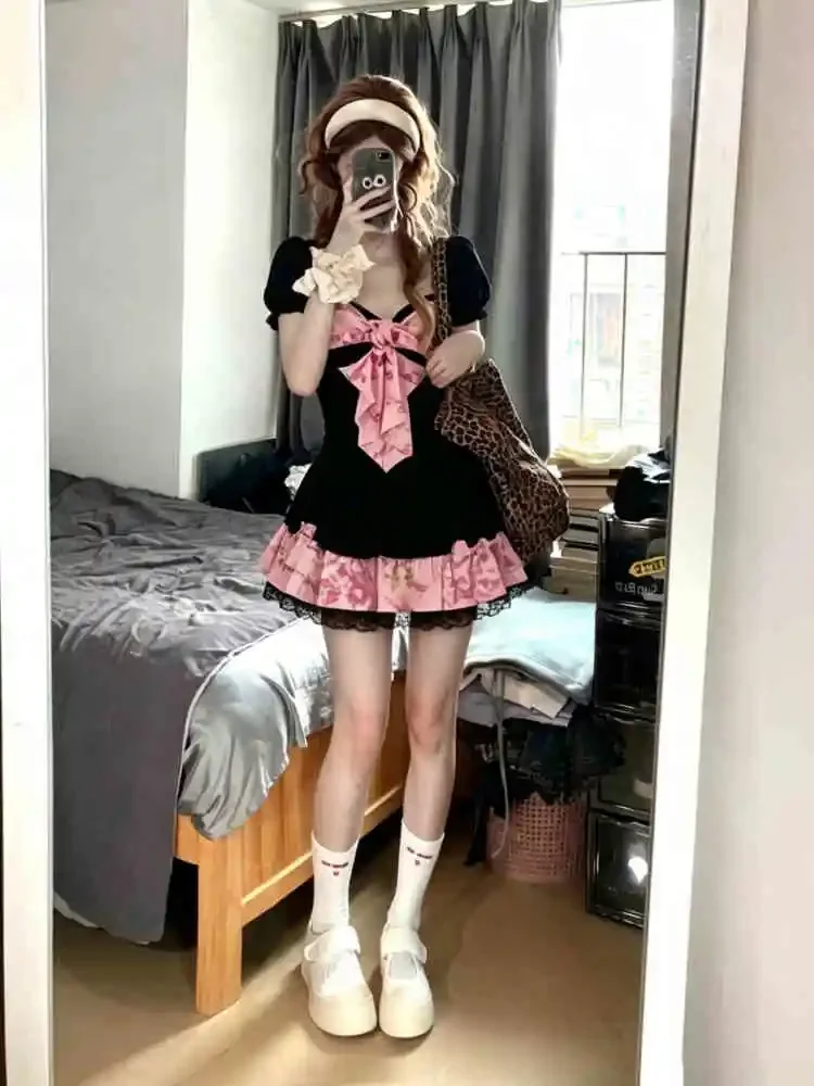 Japanese Vintage Goth Kawaii Floral Print Bow Puff Sleeve Lace Trim Metal Chain 2PCS Set Women Crop Top Mini Skirt Outfit image 2