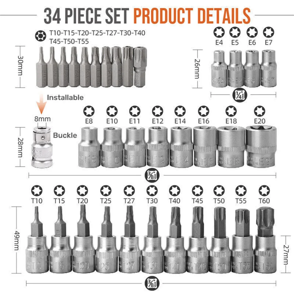 34 buah Set soket Torx Bit Drive 3/8 ", Set soket e-torx soket Set E4-20, S2 torx Bit soket Set peralatan tangan dengan wadah penyimpanan