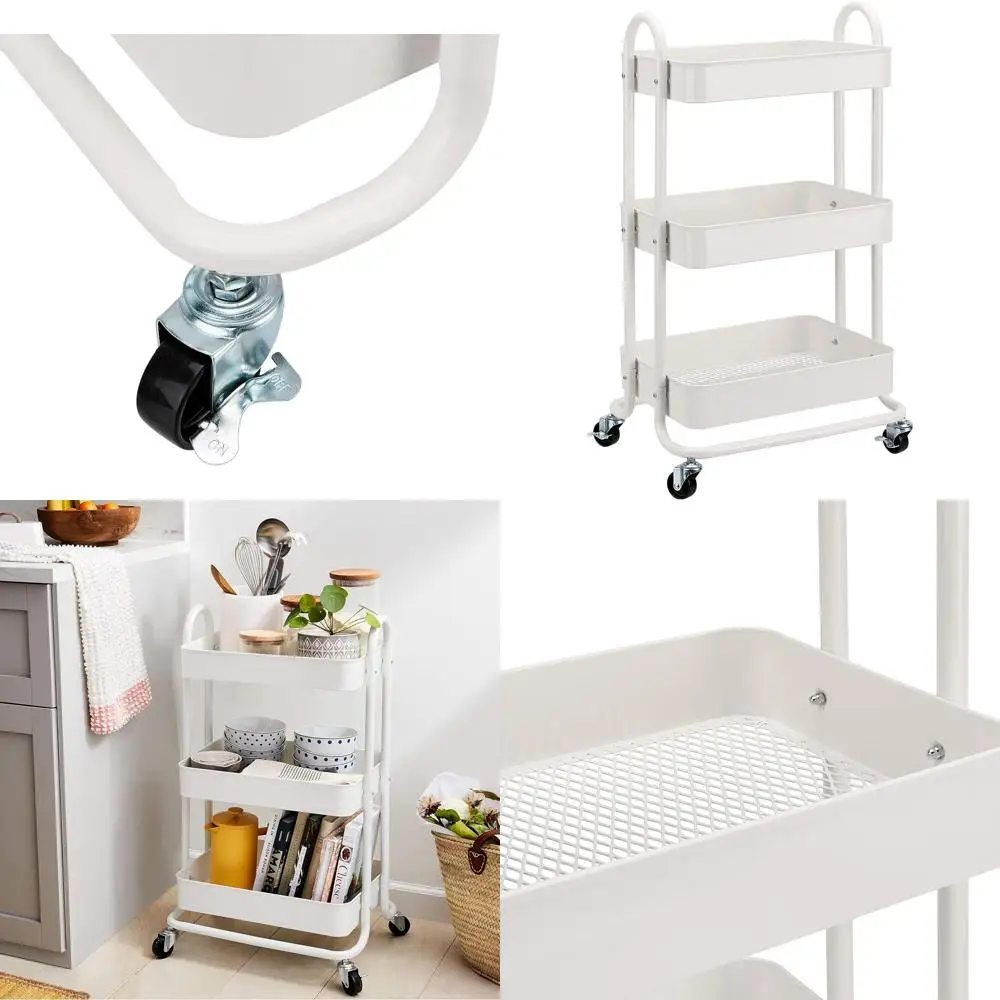 

Трехъярусная кухонная тележка на колесиках с замком и универсальным хранением, белая