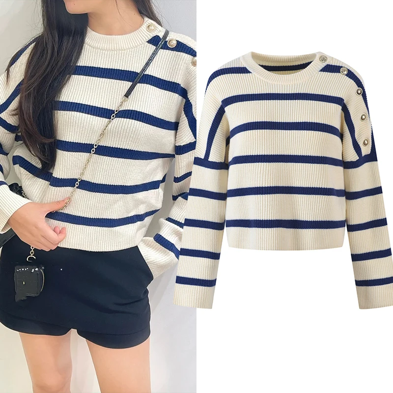 

High-End French Sle Paris Autumn Winter Navy Stripe Button Detail Knitted Sweater Women's Overhead Long Sve ort Length...