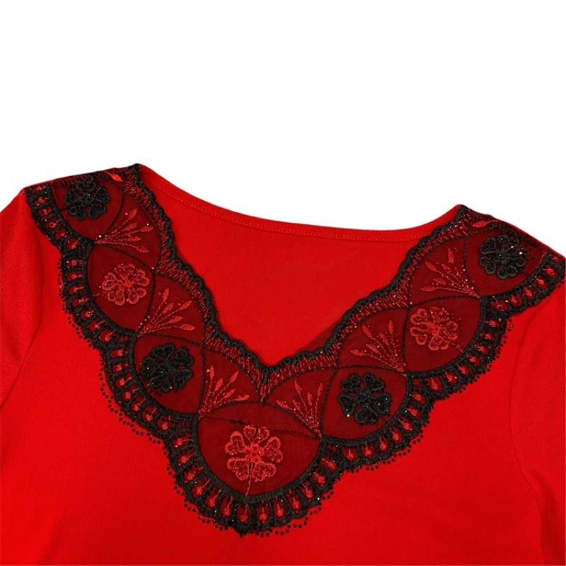 Summer European Clothes Patchwork T-Shirt Sexy V-Neck Crochet Lace Hot Drilling Shiny Diamonds Slim Tops Women Short Sleeve Tees