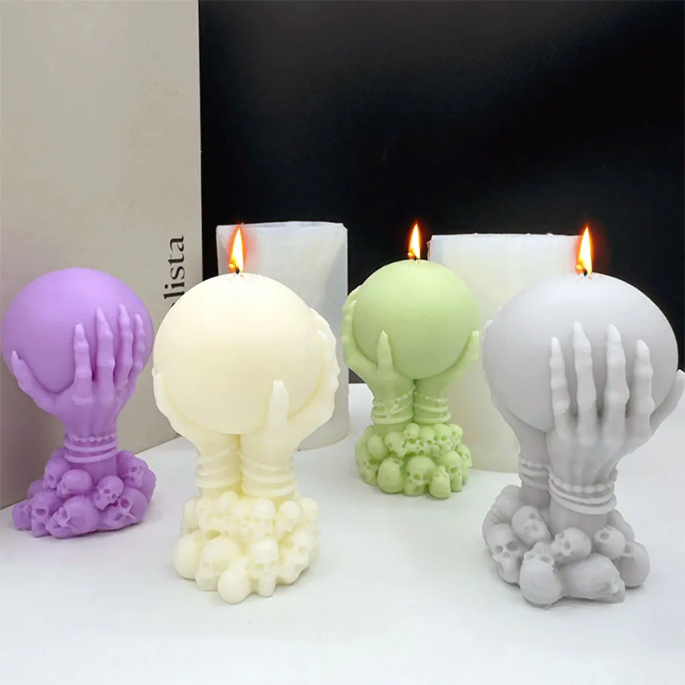 Thriller Skeleton Hand Hold Crystal Ball Halloween Plaster Decor Ghost Skull Column Base Silicone Molds Home Party Icicle Moulds