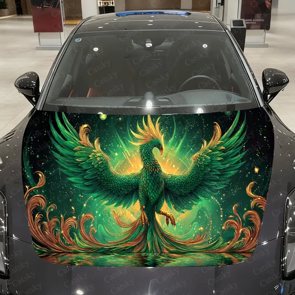 Emerald Feather Gilded Divine Bird Car Vinyl Wrap, PVC Waterproof Car Hood Sticker, Self-Adhesive Scratch-Resistant Stickers