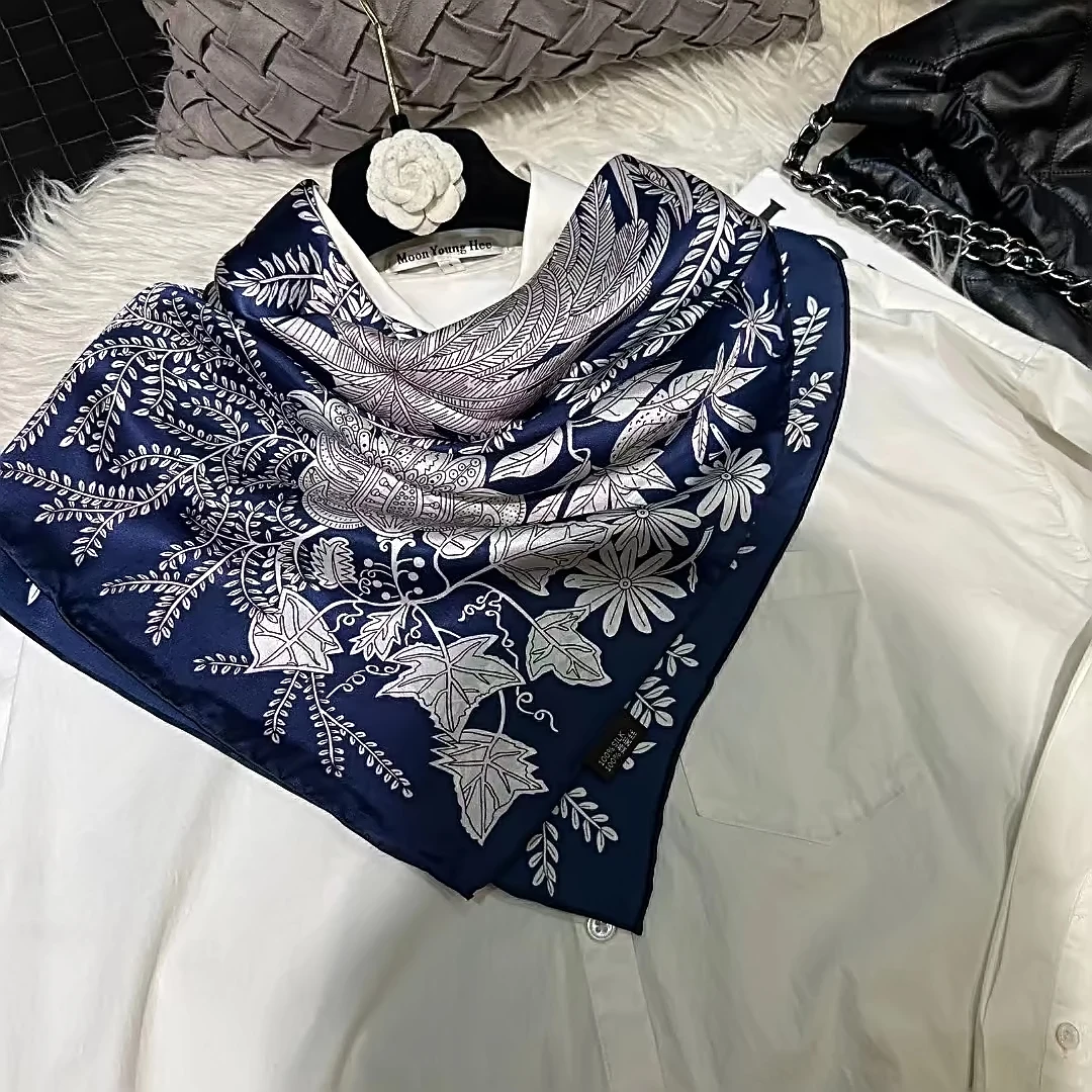 BYSIFA|Navy Blue 100% Mulberry Silk Scarf Shawl Winter Brand Floral Design Square Scarves Fashion Fall Winter Scarfs Bufanda