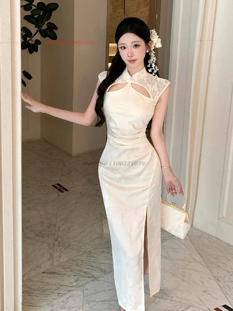 2026 chinese sexy dress cheongsam lace sleeve patchwork satin jacquard qipao dress traditional banquet nightclub dress vestido