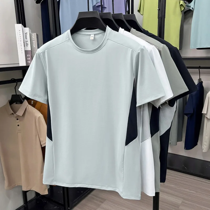 

Men Patchwork Stitching Short Sleeve T-shirt, Breathable Quick Dry Crew Neck Tee, Summer Loose Casual Athletic Daily Basic Tops