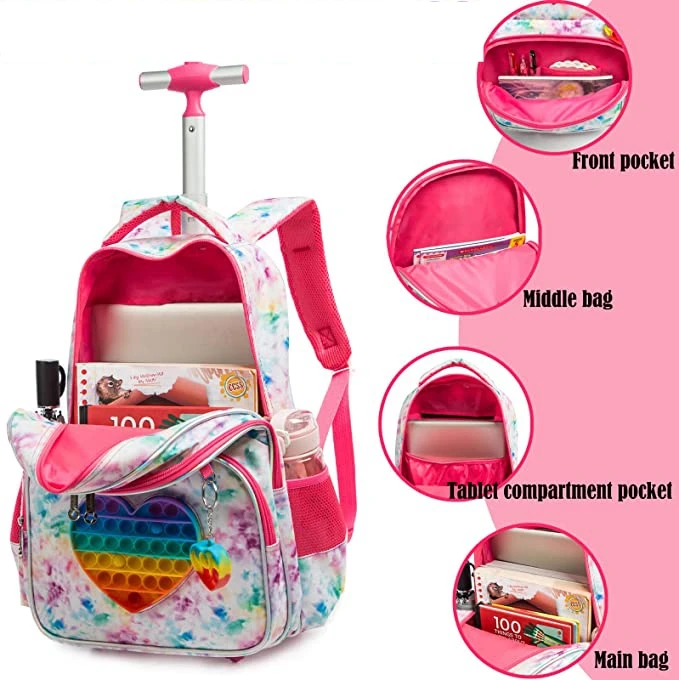 Imagem -04 - School Kids Rolling Backpack com Rodas para Meninas Trolley Rucksack Bookbag on Wheels