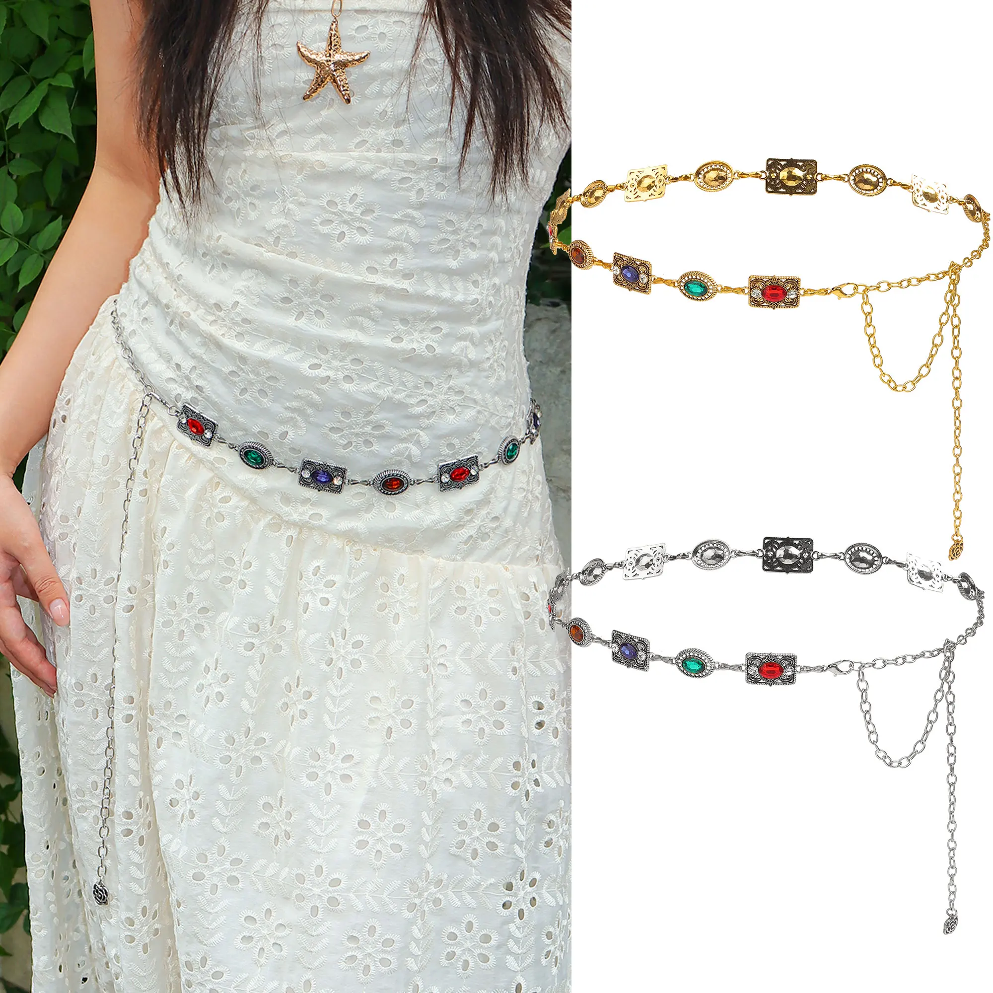 1pc Retro Strass Metall Taille Kette Trendy Individuelle Taille Gürtel Zubehör