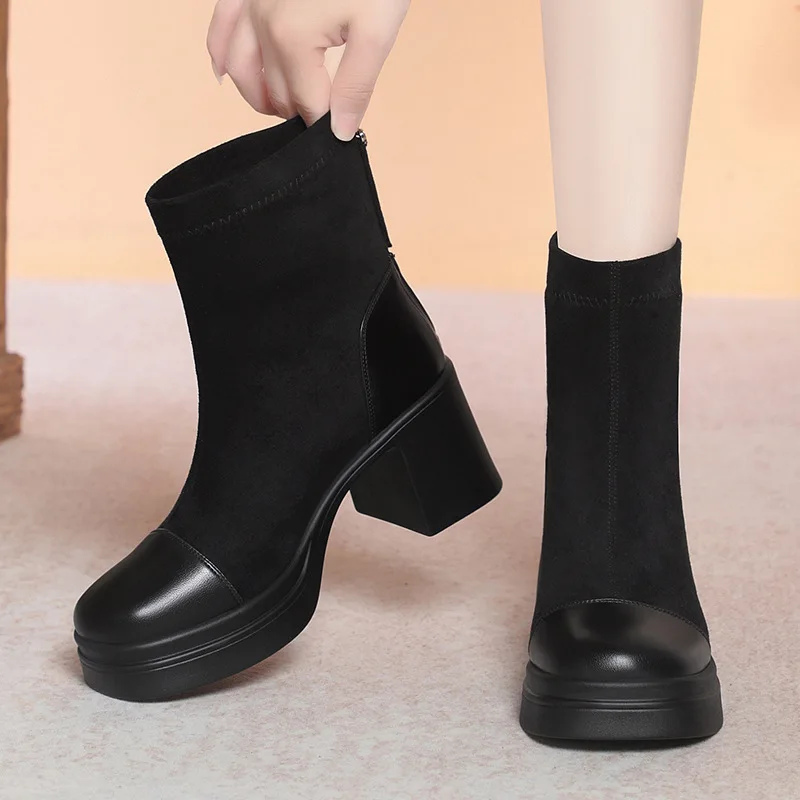 7 cm Bequeme All Match Block Heels Wildleder Stiefeletten 2025 Winter Warme Pelz Schuhe frauen Elegante Kurze Motorrad stiefel Täglich