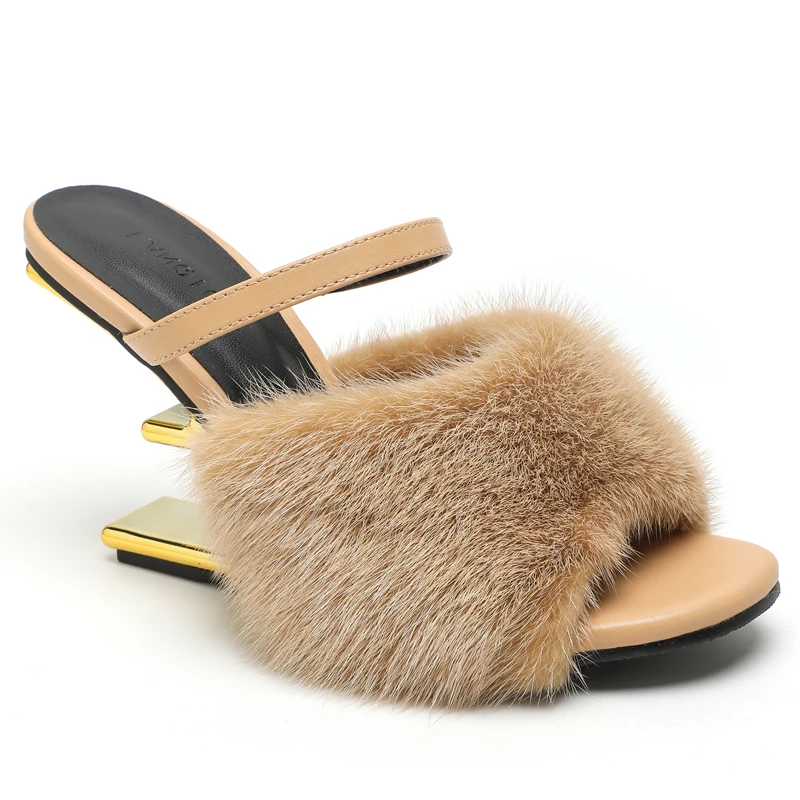 

European and American style mink fur high-heeled shoes, women's new fish mouth sandals, women's letter fur slippers