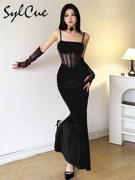 Image Sylcue Winter Sisters Party Formal Elegant Mature Sexy Beautiful Dirty Women'S Long Lace Fishbone Sling Dress With Sleeve