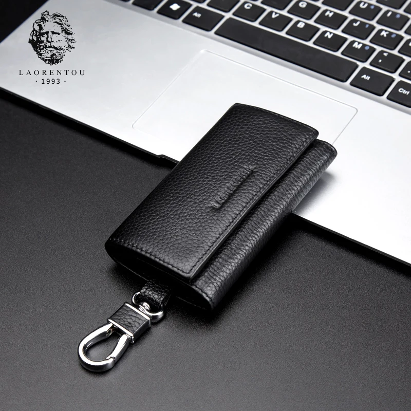 

LAORENTOU Men Unique Key Holder Genuine Leather Zipper Key Small Case Pouch Bags Man Card Wallets Vintage Business Men Key Purse