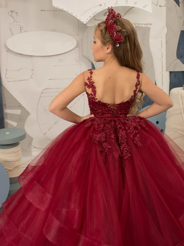 Burgundy Flower Girl Dresses Tulle Puffy Appliques Tiered With Tailing  Sleeveless For Wedding Birthday Banquet Princess Gowns