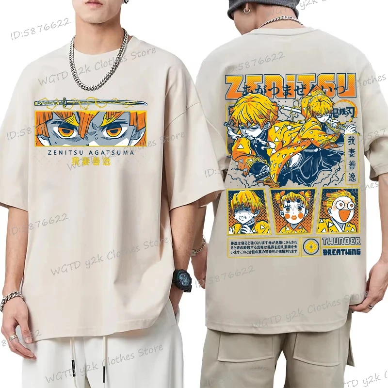 

Summer Men's Demon Slayer Cotton Clothing Harajuku Agatsuma Zenitsu Printed T Shirt Loose Funny Kimetsu No Yaiba Anime T-shirts