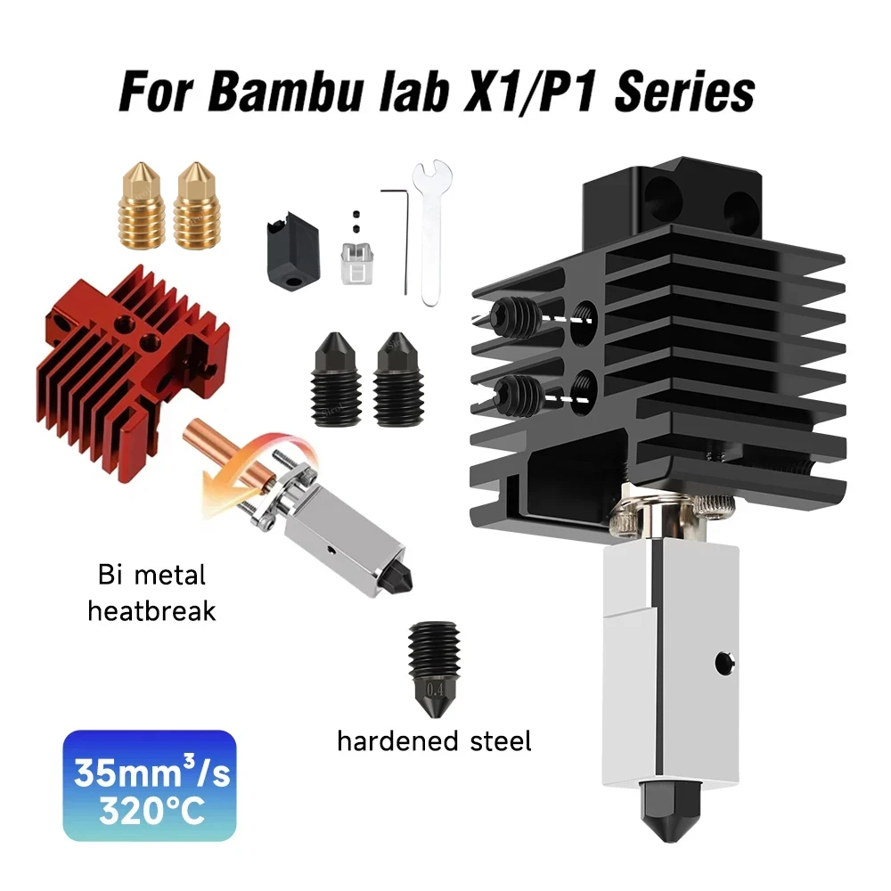 

Upgrade V2.0 Hotend Kit For Bambu Lab X1 P1P Hardened Steel Nozzle Plated Copper Heater Block for Bamboo Lab X1 X1C Hot End