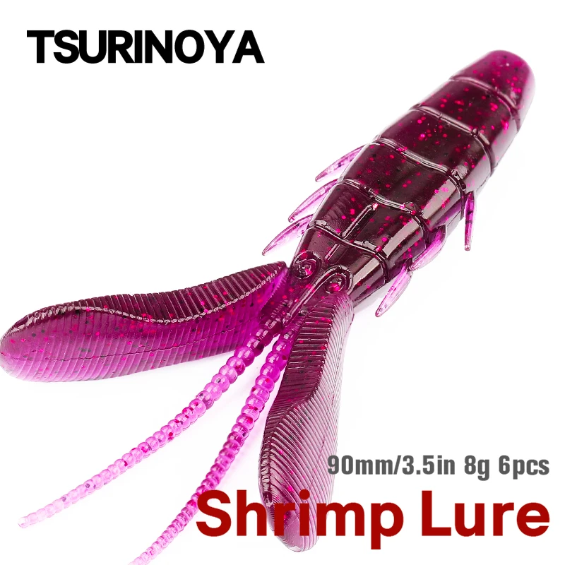 TSURINOYA 90mm 8g 6pcs Craw Fishing Lures Craws Shrimp Scent Soft Bass Perch Lure Fishing Bait Wobblers Bass Lures Soft Silicone