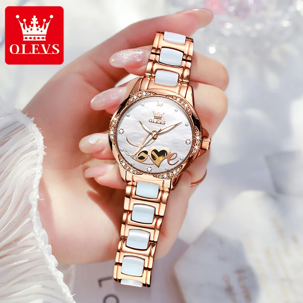 OLEVS Brand Fashion Heart-Shaped Hollow  Mechanical Watch for Women Waterproof Luxury Ceramics Watches Womens Relogio Feminino